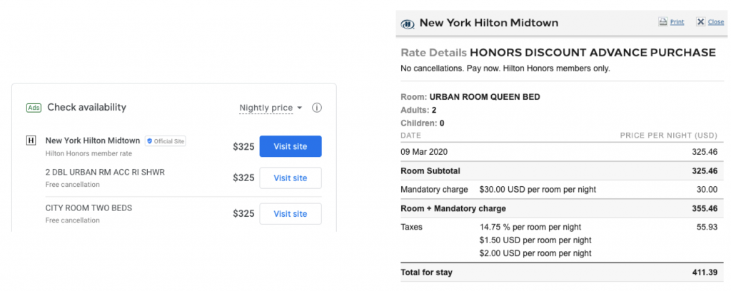 Compare preços, taxas e impostos no Google Hotel Ads de acordo com Mirai